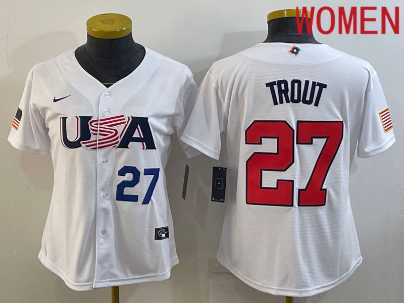 Women 2023 World Cub USA #27 Trout White Nike MLB Jersey5->women mlb jersey->Women Jersey